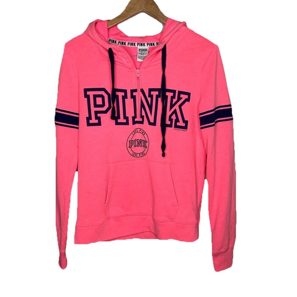 Victorias Secret PINK Quarter Zip Bubblegum Pink Drawstring Hoodie -Size Medium